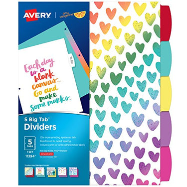 Avery + Amy Tangerine Designer Collection Big Tab Dividers for 3 Ring Binders, 5-Tab Set, Rainbow Vibes, 1 Set (11394)
